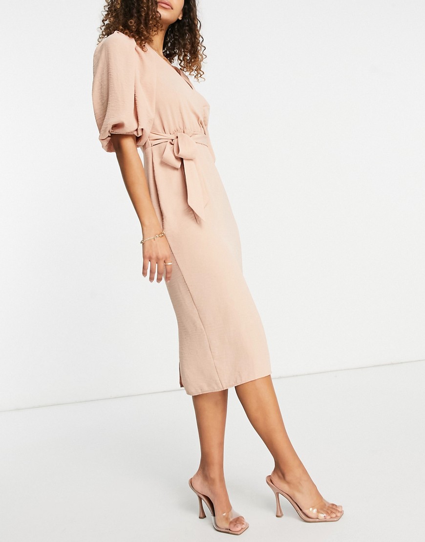 ASOS DESIGN wrap front midi dress with tie waist in pink