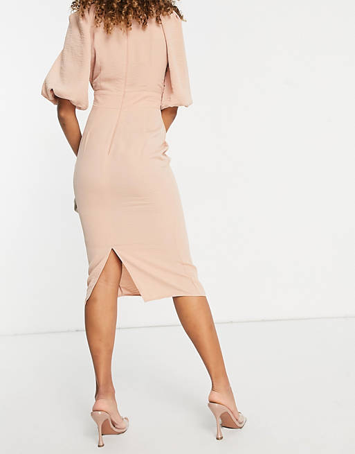  wrap front midi dress with tie waist in pink 