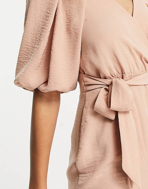  wrap front midi dress with tie waist in pink 