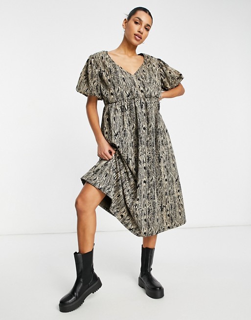 ASOS DESIGN wrap front midi smock dress with short puff sleeve in snake print