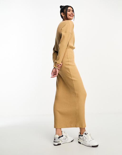 ASOS DESIGN wrap front midi super soft ribbed dress with long