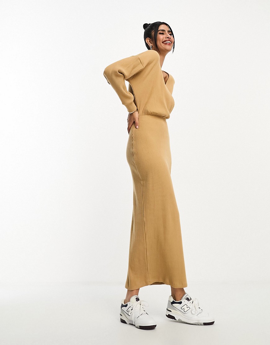 ASOS DESIGN wrap front midi supersoft rib dress with long sleeve in camel-Brown