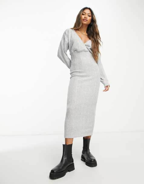 In The Style x Perrie Sian pleated knit skater jumper dress in grey