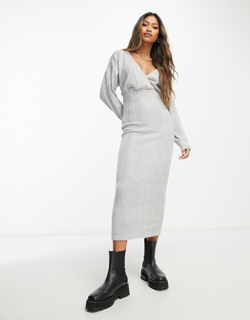 ASOS DESIGN wrap front midi supersoft rib dress with long sleeve in grey