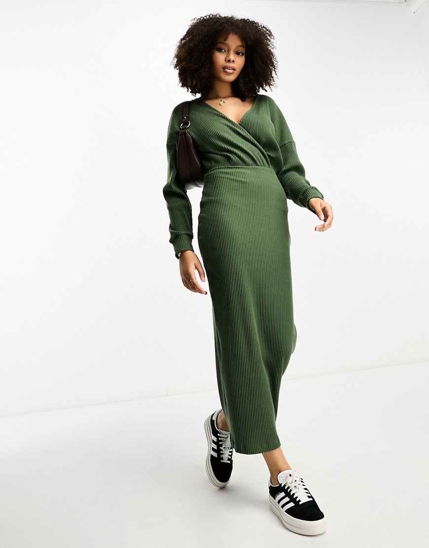 ASOS DESIGN wrap front midi supersoft rib dress with long sleeve in khaki - STONE-Neutral