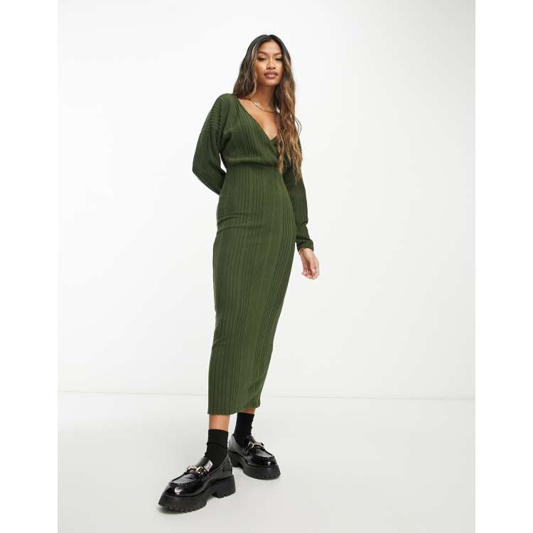 ASOS DESIGN wrap front midi supersoft rib dress with long sleeve in khaki