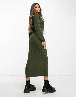 ASOS DESIGN wrap front midi supersoft rib dress with long sleeve in khaki