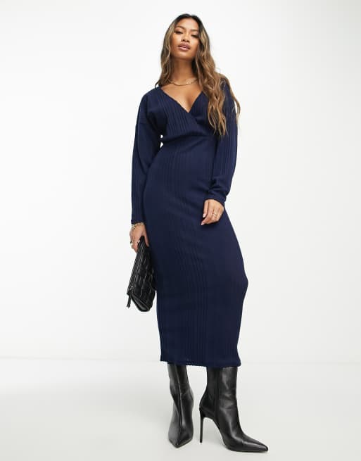 ASOS DESIGN wrap front midi supersoft rib dress with long sleeve in navy