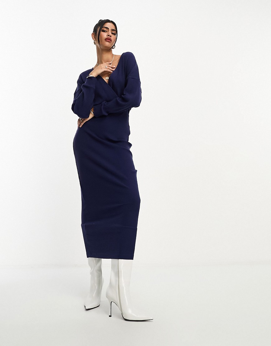 ASOS DESIGN wrap front midi supersoft rib dress with long sleeve in navy