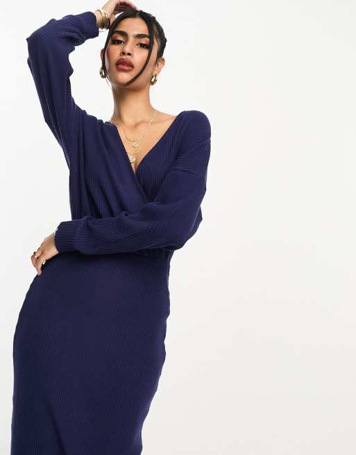 ASOS DESIGN wrap front midi supersoft rib dress with long sleeve in navy ASOS