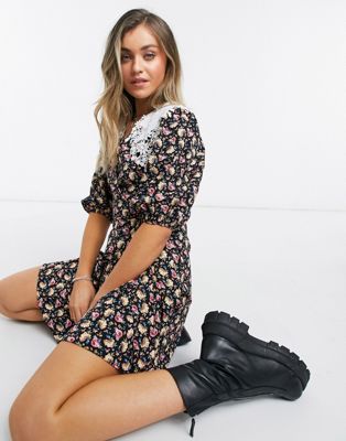 ASOS DESIGN wrap front mini dress with crochet collar in playful floral