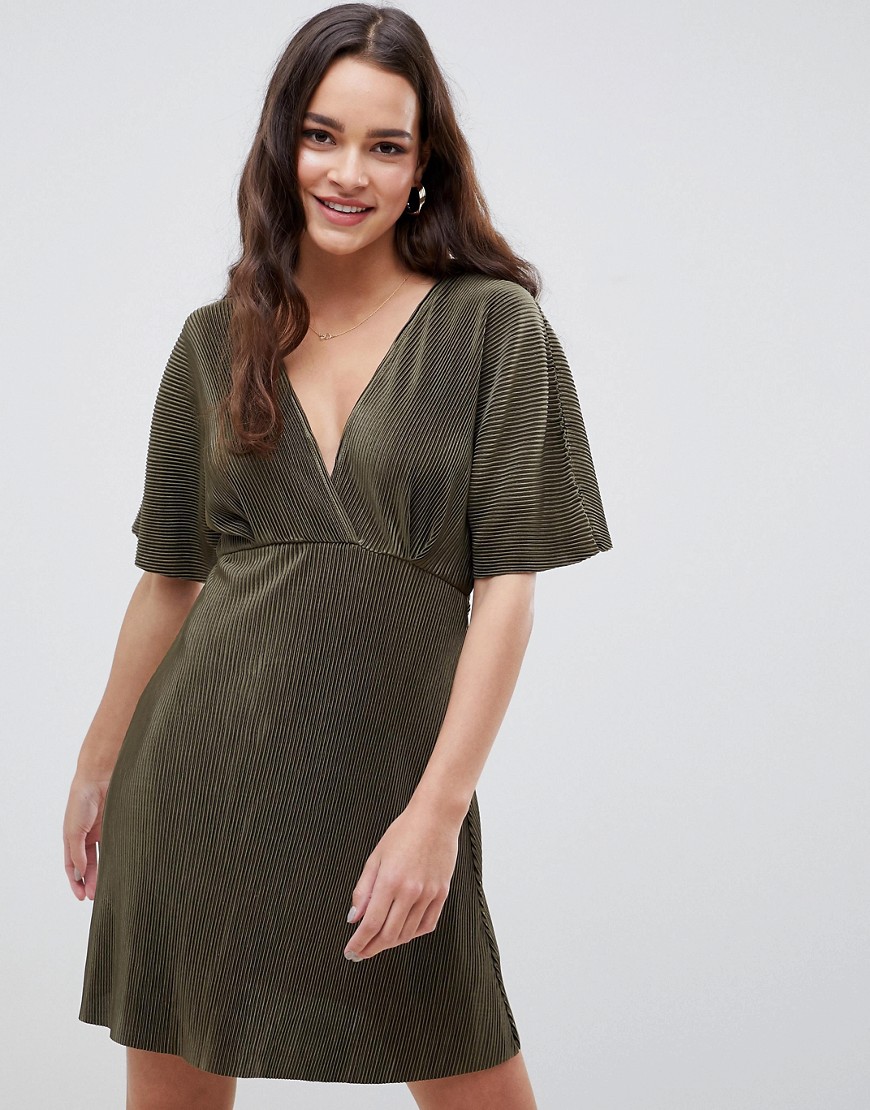 ASOS DESIGN wrap front mini plisse tea dress-Green