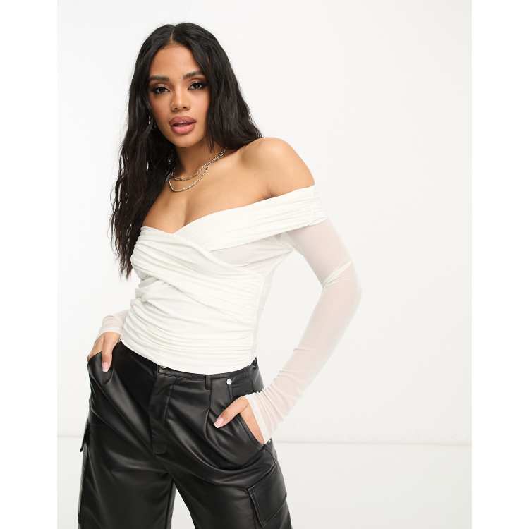 ASOS DESIGN wrap front off shoulder bardot long sleeve top in