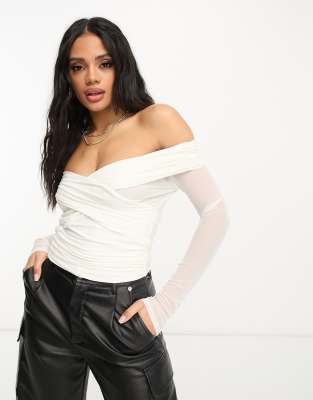 white bardot long sleeve crop top