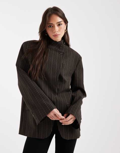 ASOS DESIGN wrap front oversized blazer in brown pinstripes - view 1