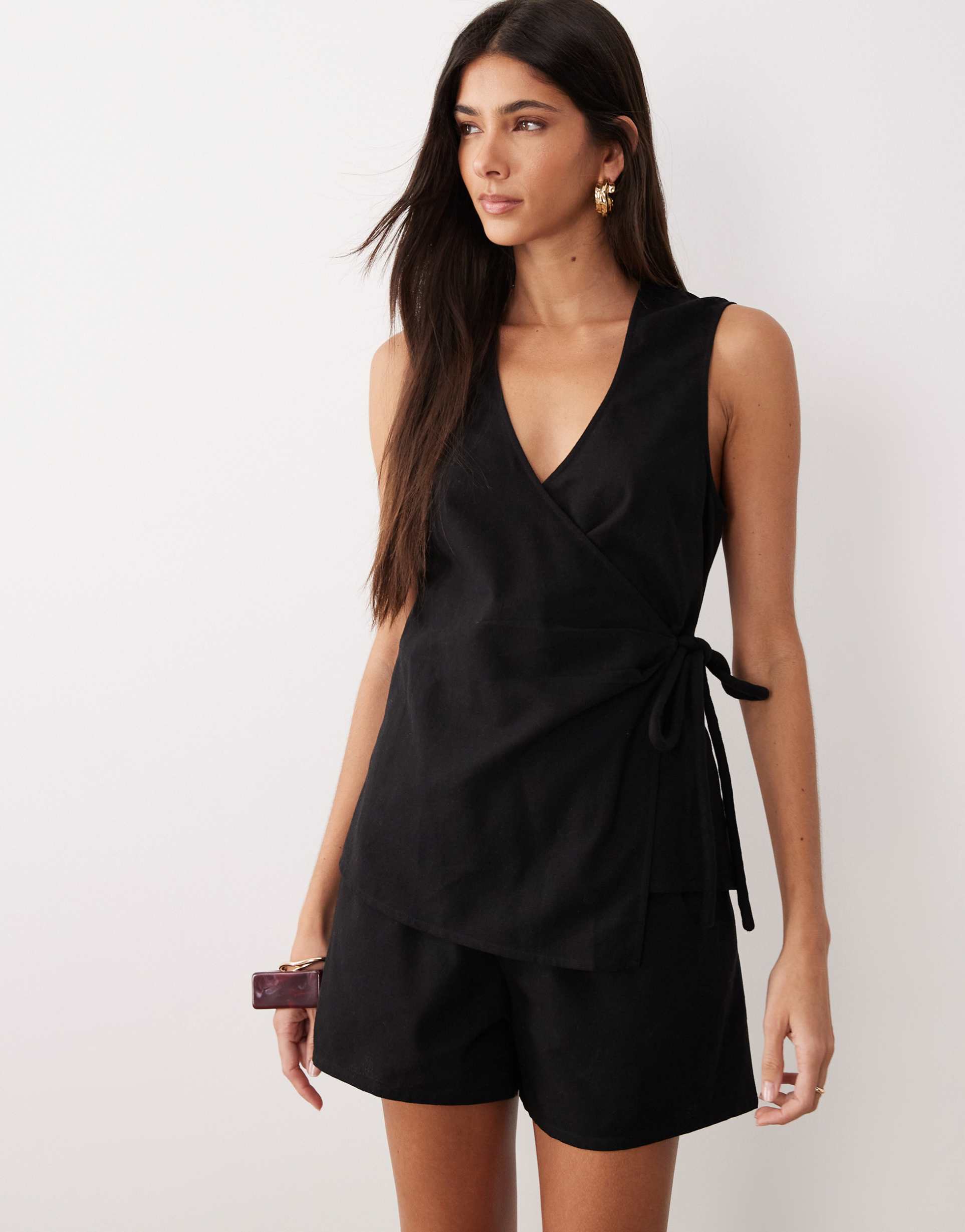 asos design wrap front romper in black