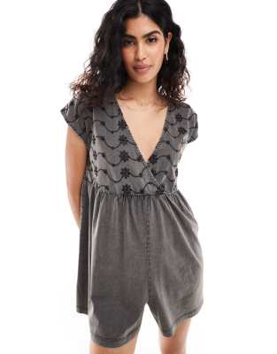 Asos Design Wrap Front Romper With Black Embroidery In Gray Wash