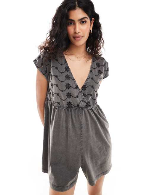 ASOS DESIGN wrap front romper with black embroidery in gray wash