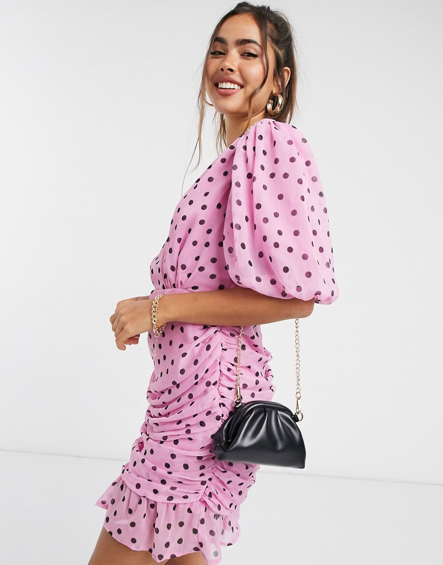 ASOS DESIGN wrap front ruched body-conscious mini dress with puff sleeves in polka dot-Multi