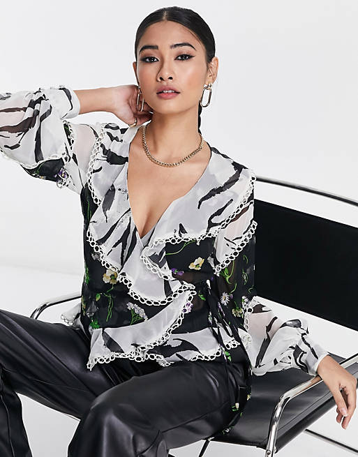  Shirts & Blouses/wrap front ruffle blouse in mixed print with lace trim detail 