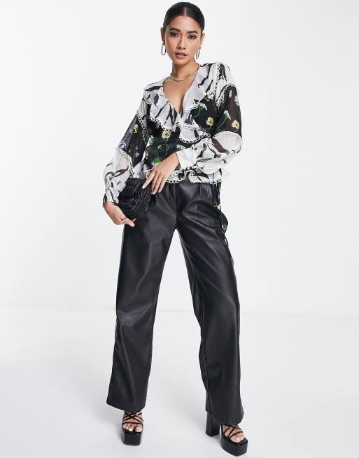 Ruffle trim tie hot sale front wrap pants