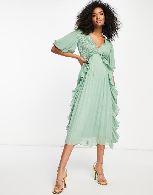 ASOS DESIGN wrap front ruffle micro pleat midi dress in sage green | ASOS