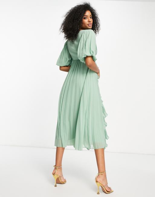 ASOS DESIGN wrap front ruffle micro pleat midi dress in sage green, 2 of 4