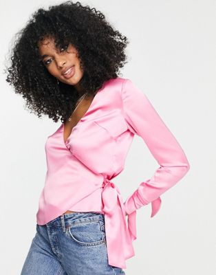 ASOS DESIGN wrap front satin blouse with tie cuff in bubblegum pink | ASOS