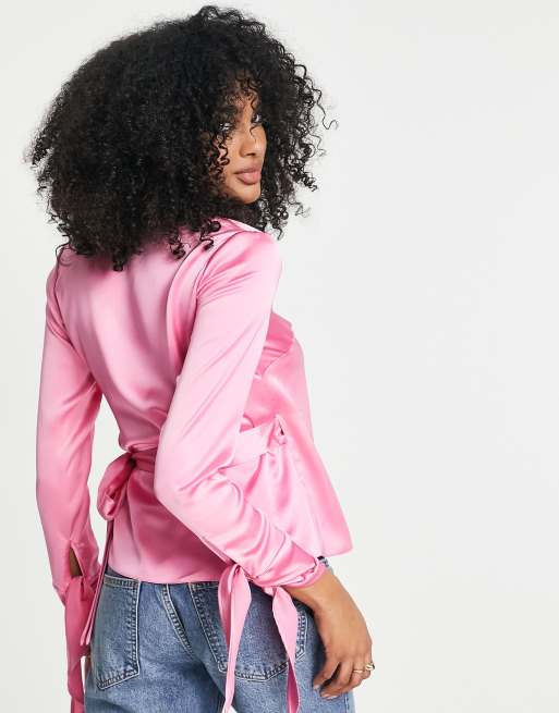 ASOS DESIGN wrap front satin blouse with tie cuff in bubblegum pink