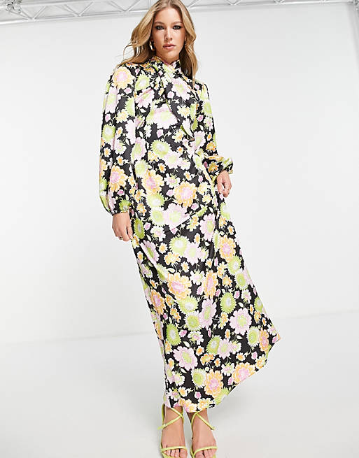 ASOS DESIGN wrap front satin maxi tea dress in bright 70s floral