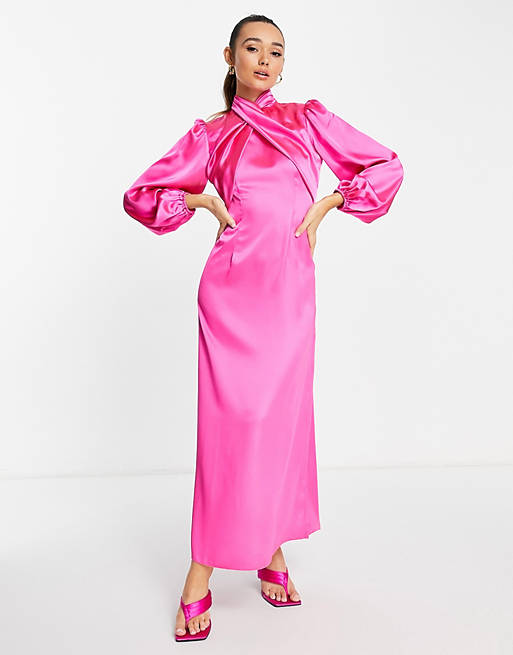 Women wrap front satin maxi tea dress in pink 