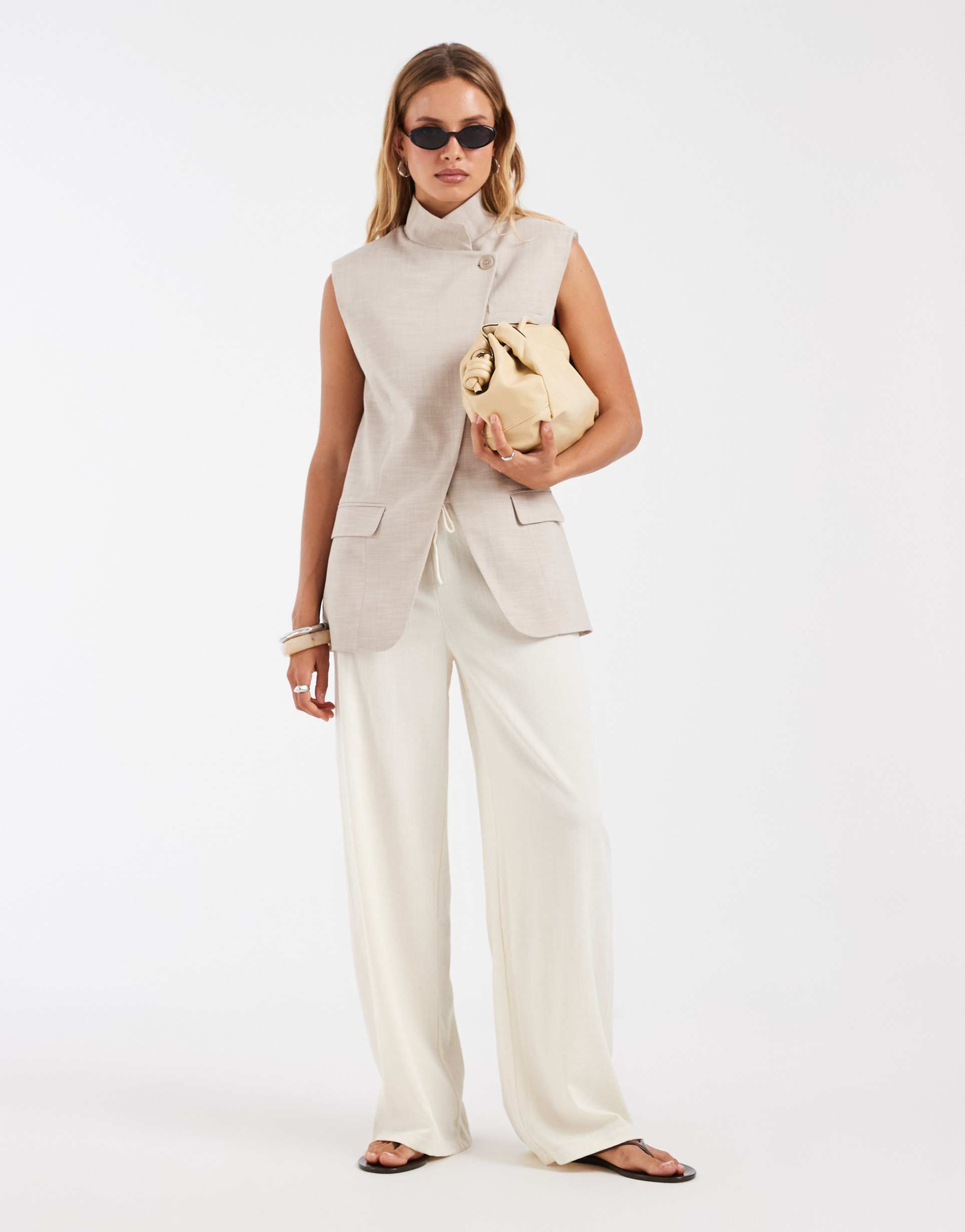 asos design wrap front sleeveless blazer in stone