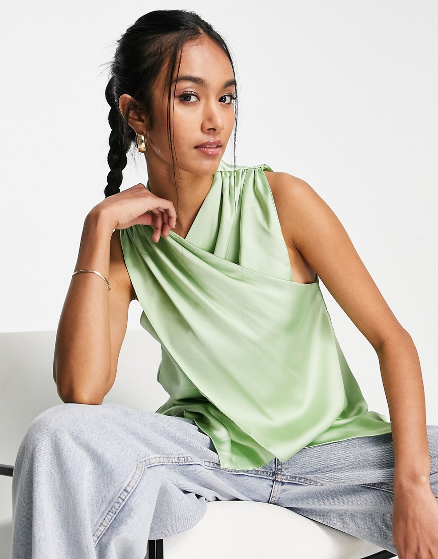ASOS DESIGN wrap front sleeveless blouse with pleat shoulder detail in pastel green