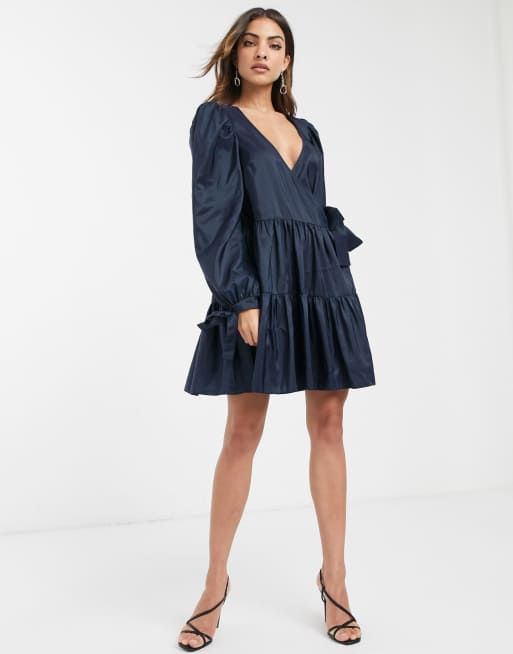 ASOS DESIGN wrap front smock mini dress in taffeta | ASOS