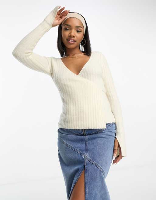 ASOS DESIGN off shoulder sweater in rib in cream