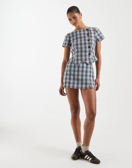 ASOS DESIGN wrap front tailored top in blue check, 3 of 4