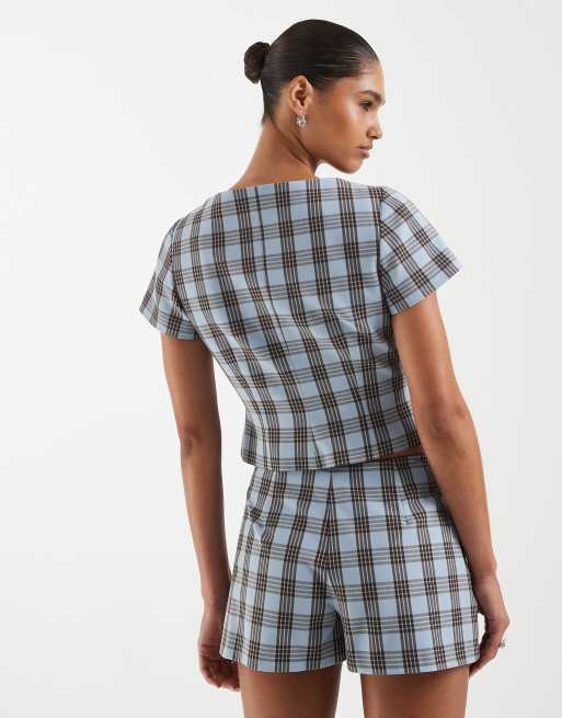 ASOS DESIGN wrap front tailored top in blue check, 4 of 4