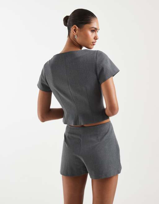 ASOS DESIGN wrap front tailored top in gray, 4 of 4