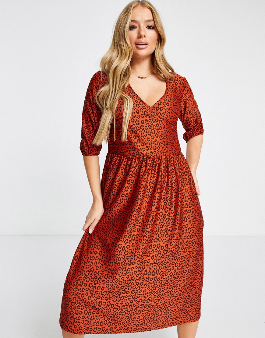 ASOS DESIGN wrap front textured midi smock in black and red floral