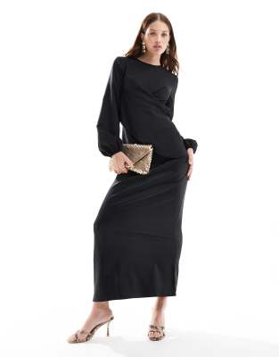 wrap front tie back maxi dress in black