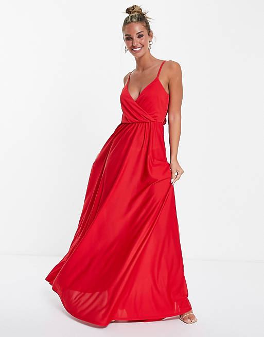  wrap front tie back maxi dress in hot red 