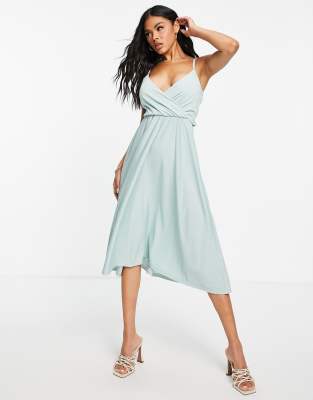Asos Design Wrap Front Tie Back Midi Dress In Blue