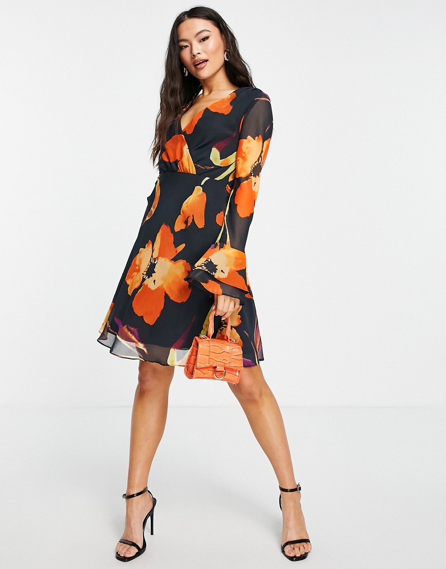 Asos Design Wrap Front Tie Skirt Mini Dress In Oversized Abstract Floral-Multi