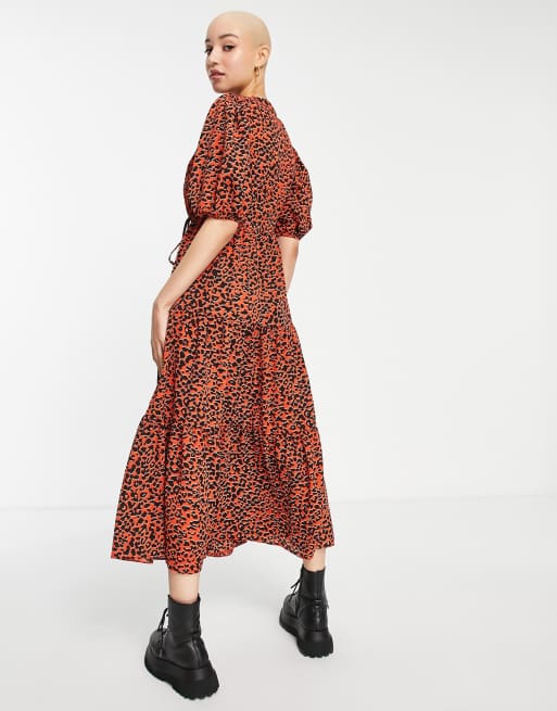 ASOS DESIGN wrap front tiered smock midi dress in red animal print