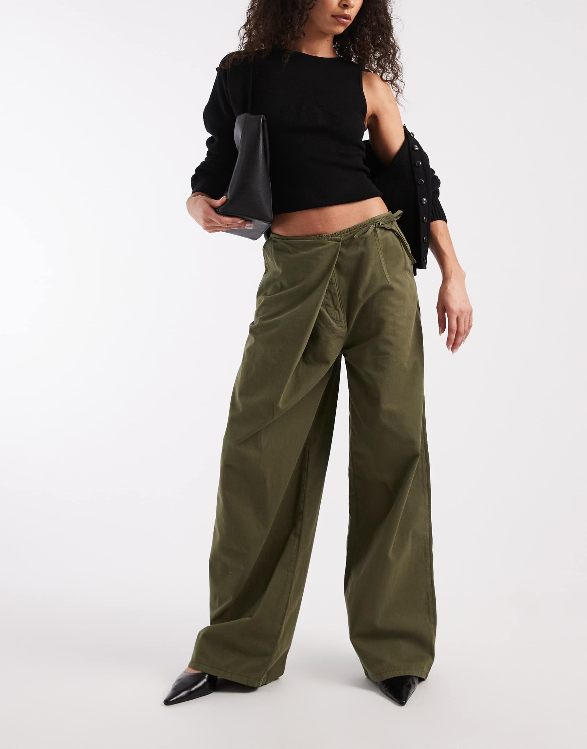 asos design wrap front wide leg pants in green