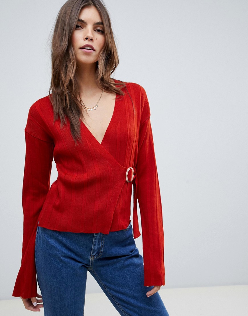 ASOS DESIGN wrap jumper in rib with buckle detail-Red