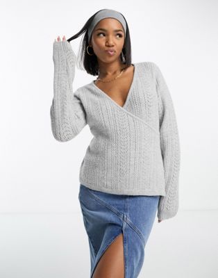 ASOS DESIGN wrap jumper with cable stitch in grey | ASOS