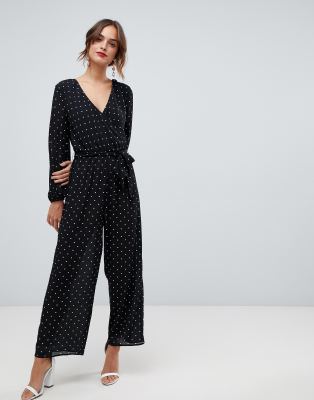 ASOS DESIGN wrap jumpsuit in polka dot-Multi