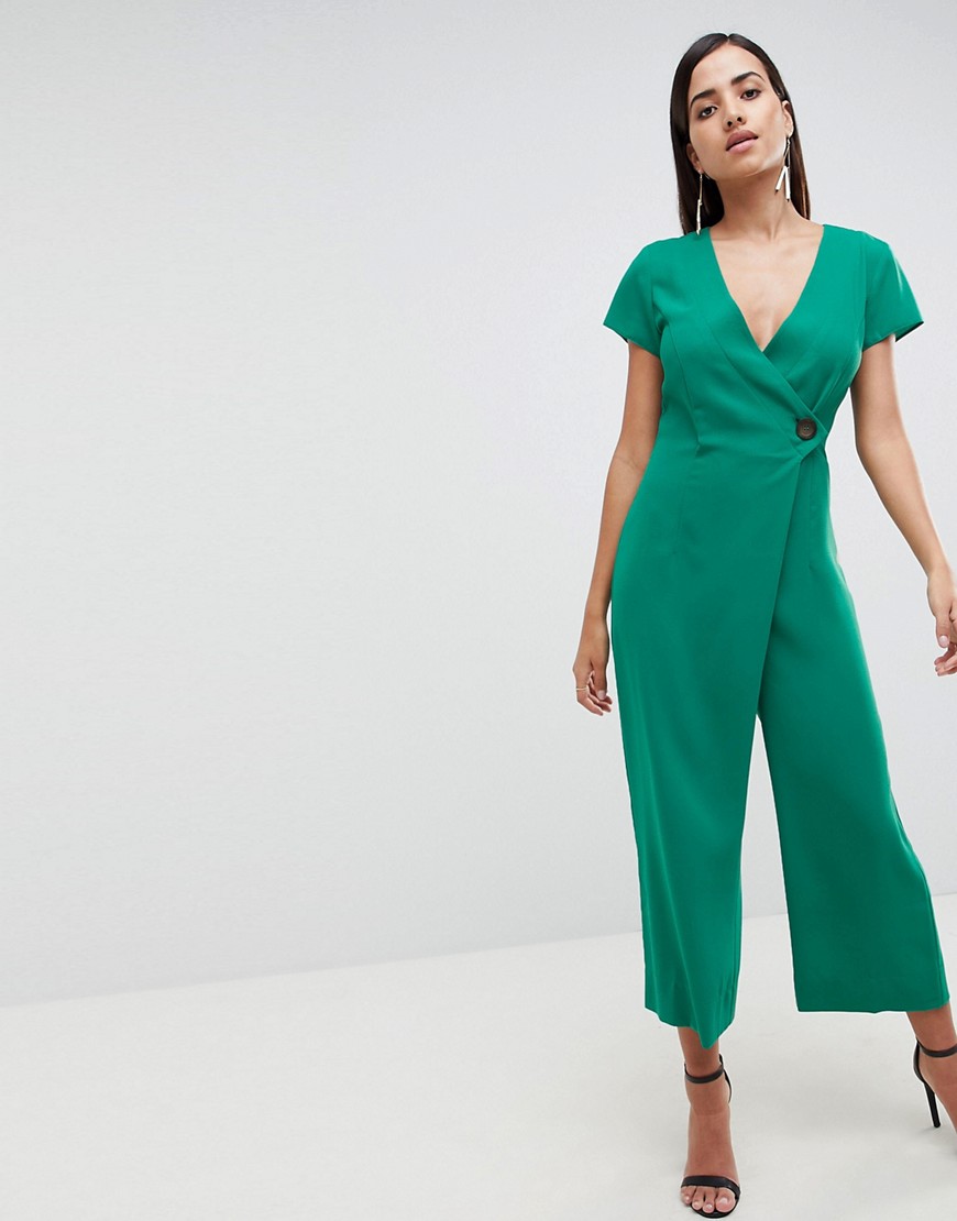 ASOS DESIGN Wrap Jumpsuit With Horn Button And Culotte Leg-Yellow