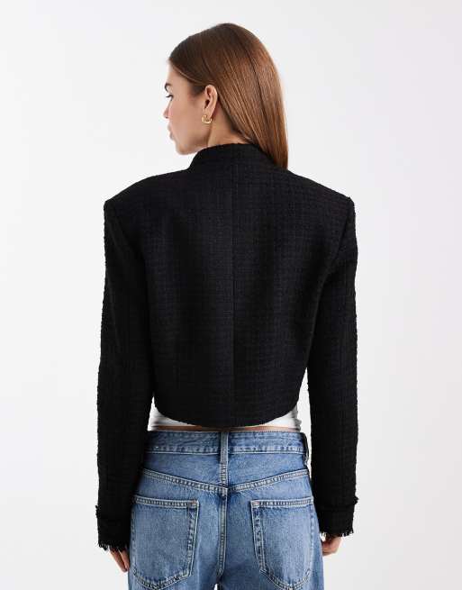 ASOS DESIGN wrap lapel cropped blazer in black bouclé, 3 of 4